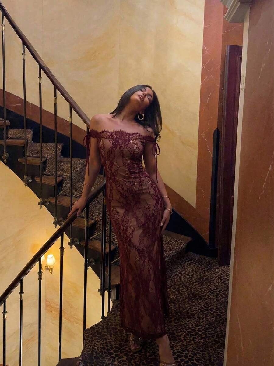 فستان أسود طويل من الدانتيل بأكمام طويلة من تصميم فايري للنساء، مناسب لفصلي الخريف والشتاء، يتميز بتصميمه الجذاب والأنيق، مثالي لفصل الصيف