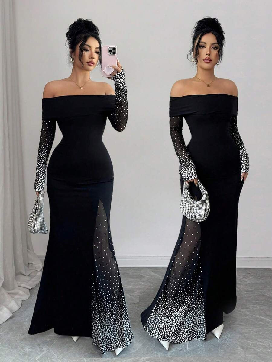 فستان سهرة أنيق بتصميم كلاسيكي من إيلينزغا، مصنوع من قماش محبوك مطاطي، بأكمام طويلة مكشوفة الكتفين، وخصر محدد، مناسب لحفلات النساء.