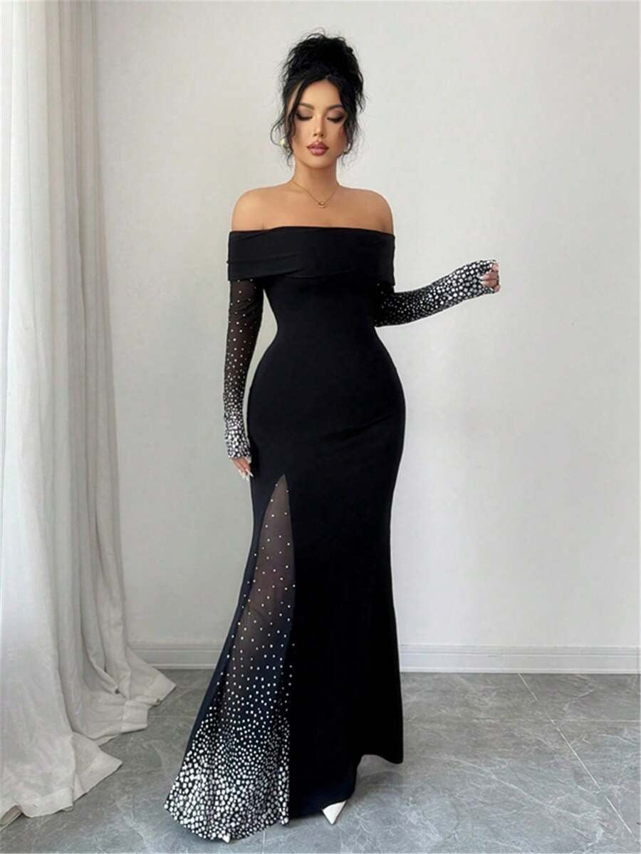 فستان سهرة أنيق بتصميم كلاسيكي من إيلينزغا، مصنوع من قماش محبوك مطاطي، بأكمام طويلة مكشوفة الكتفين، وخصر محدد، مناسب لحفلات النساء.