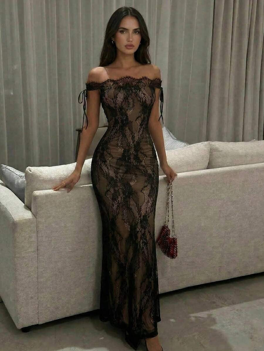 فستان أسود طويل من الدانتيل بأكمام طويلة من تصميم فايري للنساء، مناسب لفصلي الخريف والشتاء، يتميز بتصميمه الجذاب والأنيق، مثالي لفصل الصيف