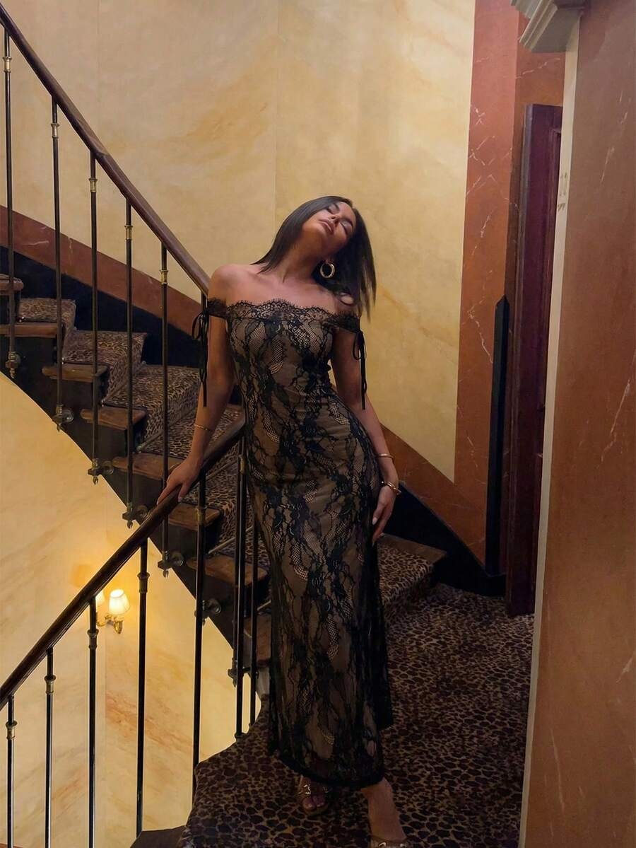 فستان أسود طويل من الدانتيل بأكمام طويلة من تصميم فايري للنساء، مناسب لفصلي الخريف والشتاء، يتميز بتصميمه الجذاب والأنيق، مثالي لفصل الصيف