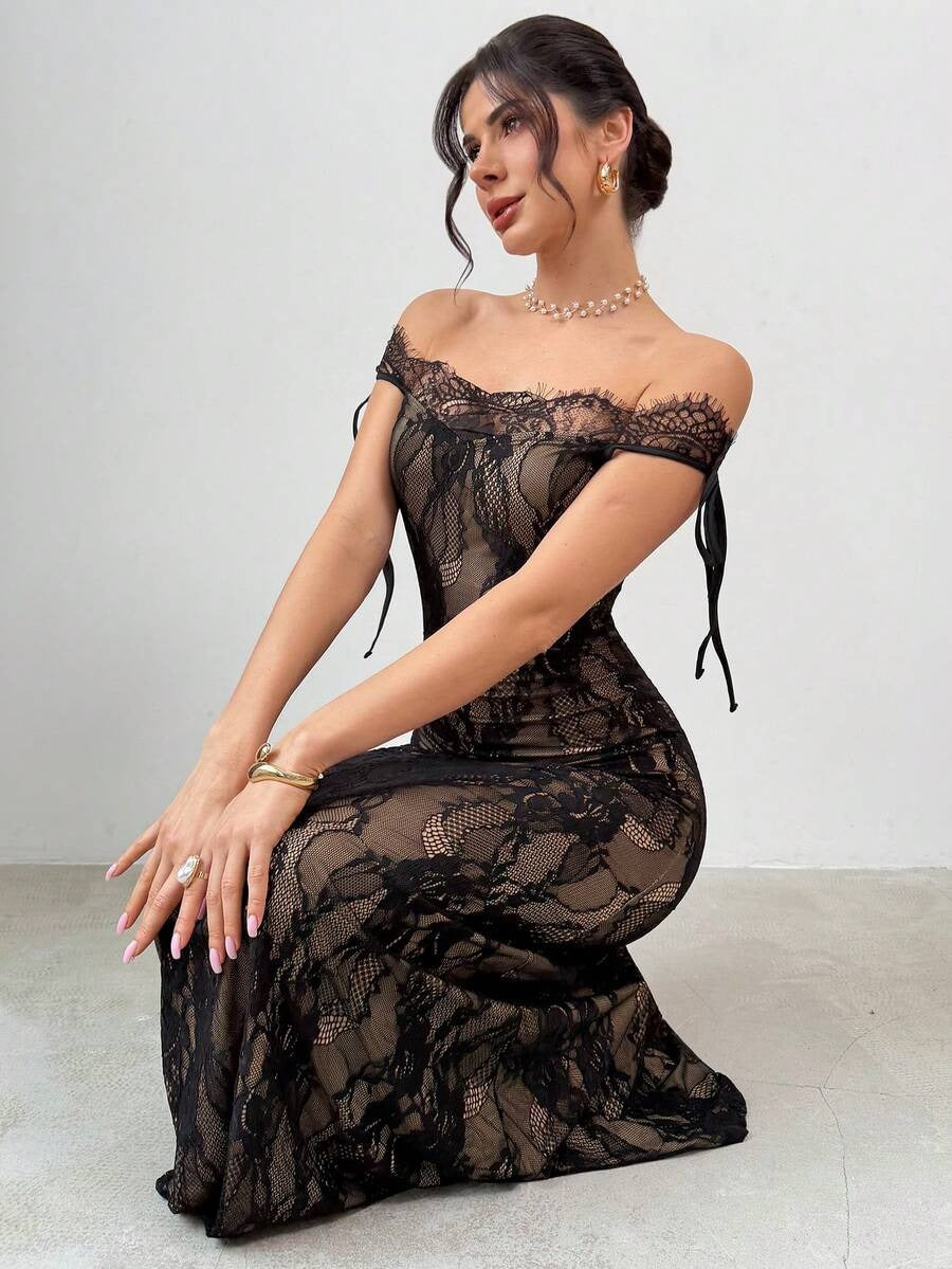 فستان أسود طويل من الدانتيل بأكمام طويلة من تصميم فايري للنساء، مناسب لفصلي الخريف والشتاء، يتميز بتصميمه الجذاب والأنيق، مثالي لفصل الصيف