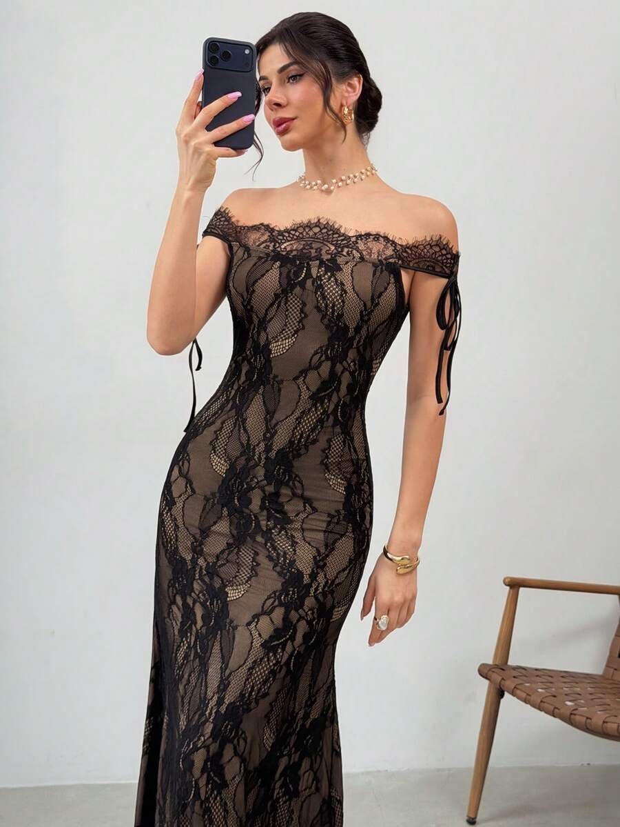 فستان أسود طويل من الدانتيل بأكمام طويلة من تصميم فايري للنساء، مناسب لفصلي الخريف والشتاء، يتميز بتصميمه الجذاب والأنيق، مثالي لفصل الصيف