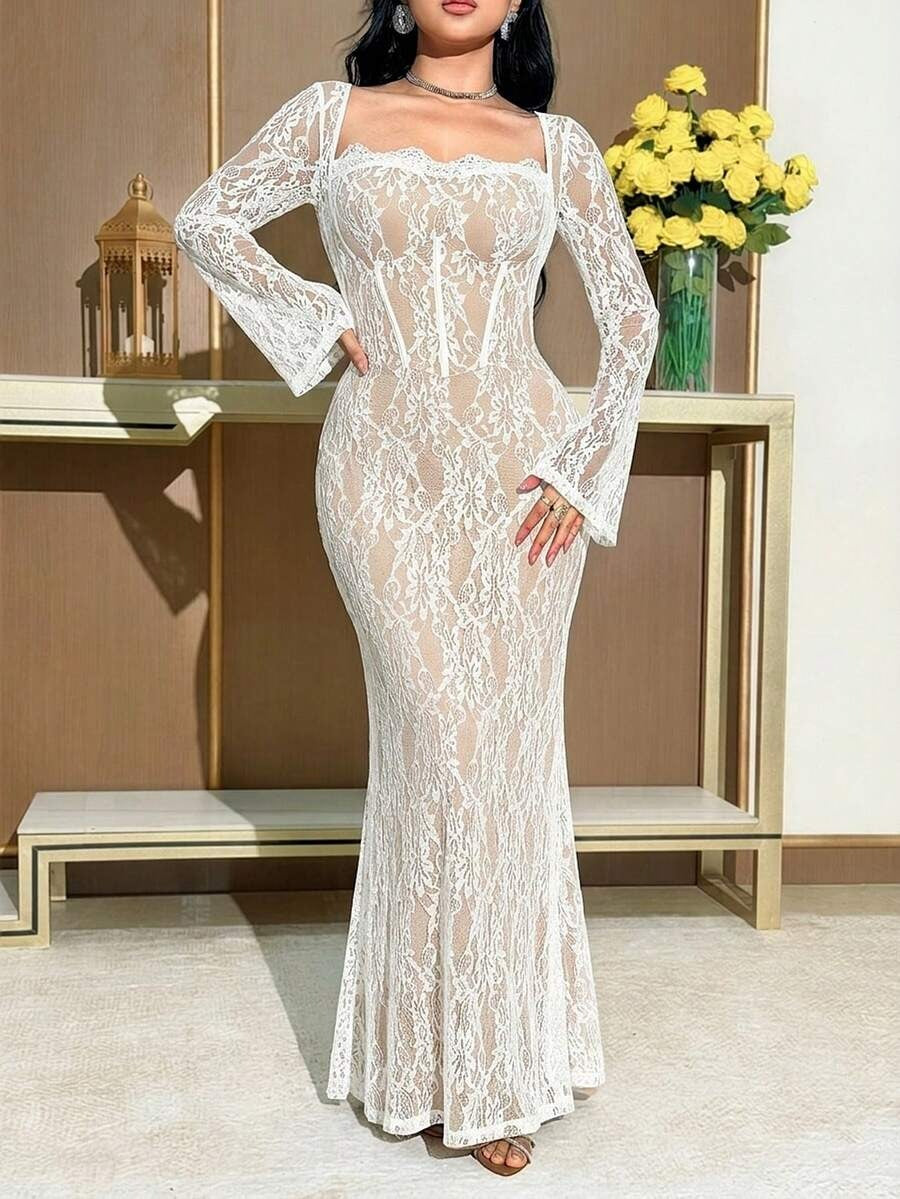 فستان نسائي بياقة مربعة وأكمام واسعة وذيل سمكة، من الدانتيل الجذاب