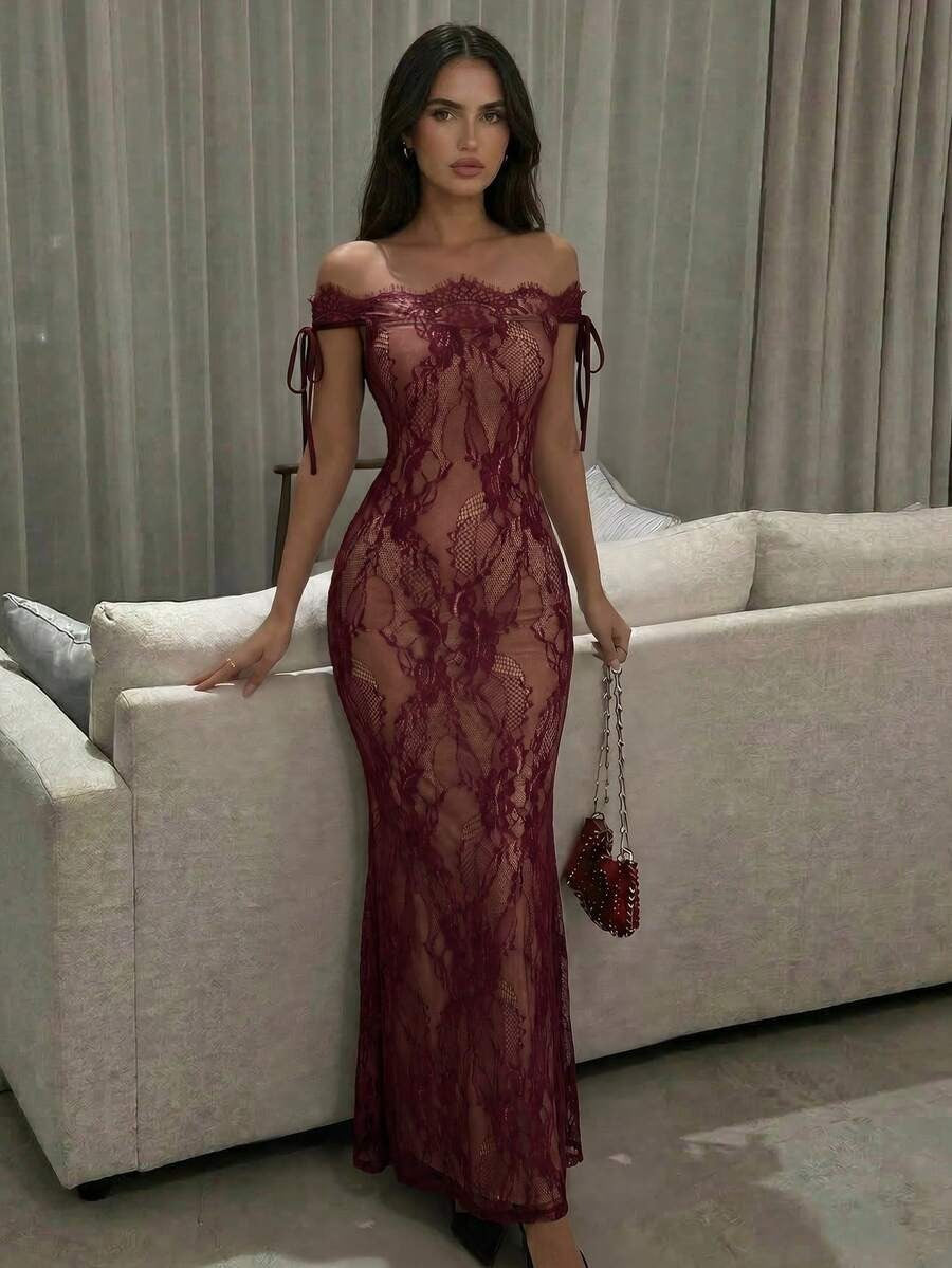 فستان أسود طويل من الدانتيل بأكمام طويلة من تصميم فايري للنساء، مناسب لفصلي الخريف والشتاء، يتميز بتصميمه الجذاب والأنيق، مثالي لفصل الصيف