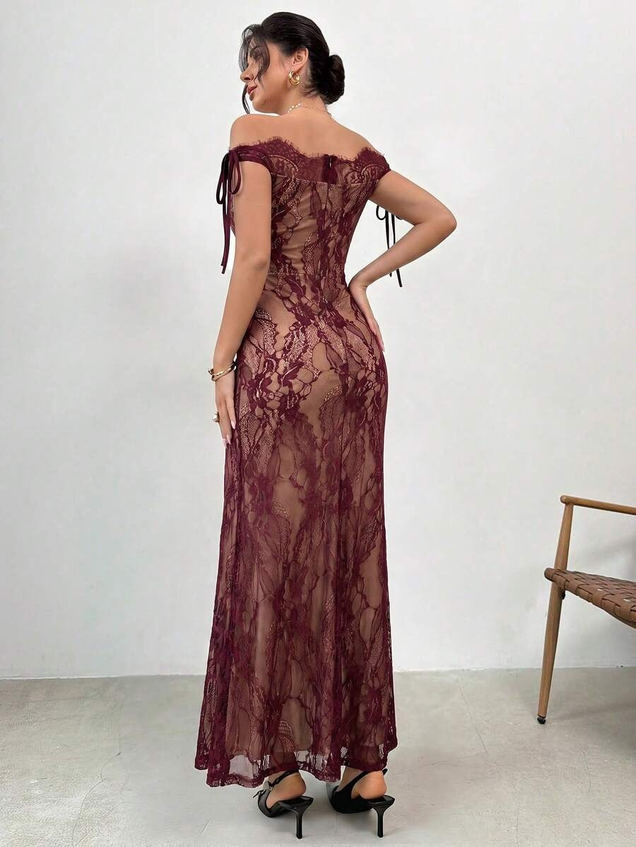 فستان أسود طويل من الدانتيل بأكمام طويلة من تصميم فايري للنساء، مناسب لفصلي الخريف والشتاء، يتميز بتصميمه الجذاب والأنيق، مثالي لفصل الصيف