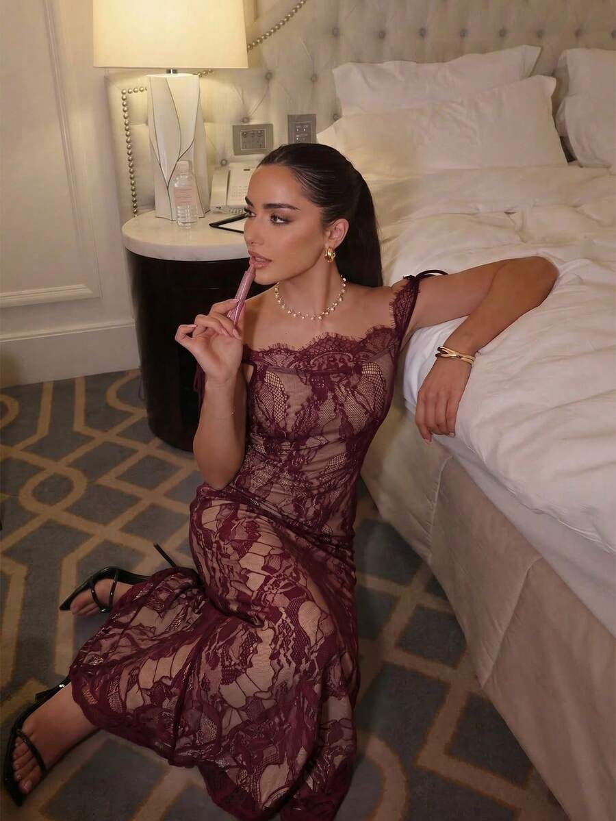 فستان أسود طويل من الدانتيل بأكمام طويلة من تصميم فايري للنساء، مناسب لفصلي الخريف والشتاء، يتميز بتصميمه الجذاب والأنيق، مثالي لفصل الصيف