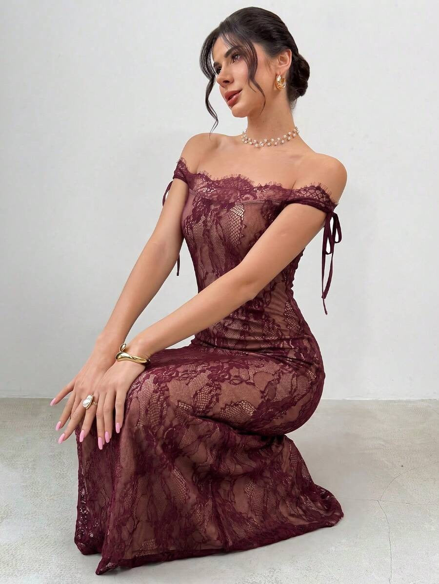 فستان أسود طويل من الدانتيل بأكمام طويلة من تصميم فايري للنساء، مناسب لفصلي الخريف والشتاء، يتميز بتصميمه الجذاب والأنيق، مثالي لفصل الصيف