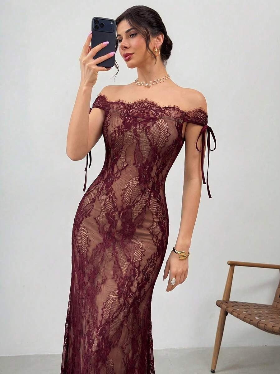 فستان أسود طويل من الدانتيل بأكمام طويلة من تصميم فايري للنساء، مناسب لفصلي الخريف والشتاء، يتميز بتصميمه الجذاب والأنيق، مثالي لفصل الصيف