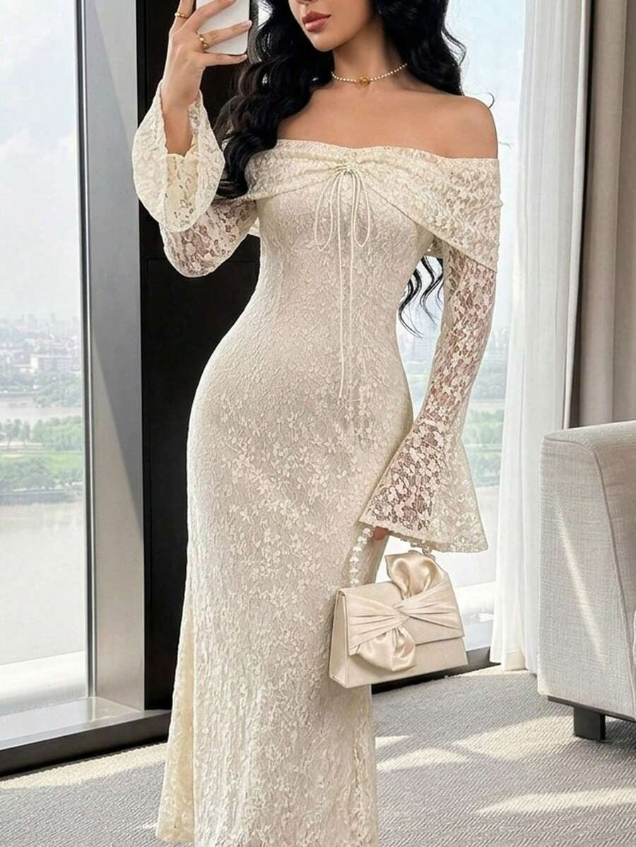 فستان أنيق للنساء بأكمام واسعة وكتف مكشوف وطول متوسط، خريفي