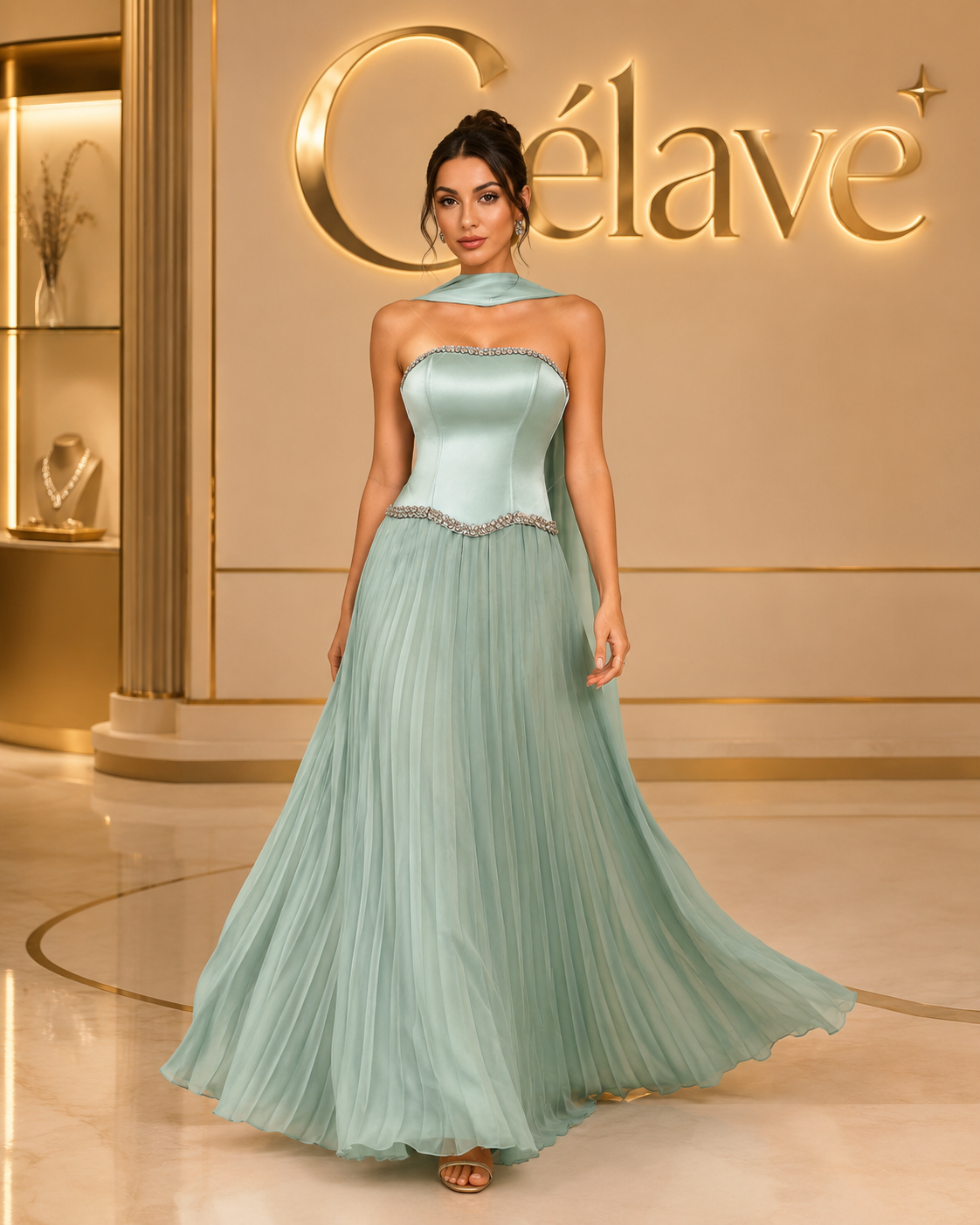 فستان سهرة أنيق للنساء بدون حمالات مزين بالراينستون مع طيات وتحديد للخصر