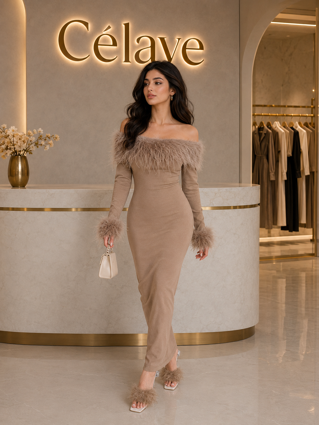 فستان طويل سهرة المرأة موحد اللون وأكمام طويلة وزينة كتف عاري وإيقاع أنيق