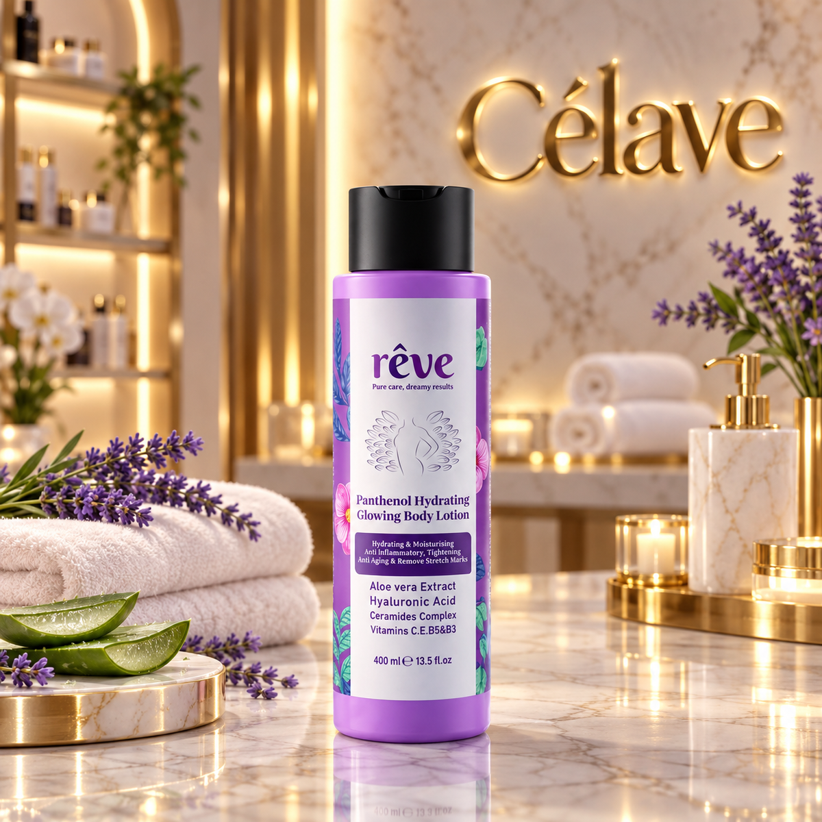 لوشن REVE مرطب ومغذي للجسم بفيتامين B5 - بانثينول غني بالزيوت الطبيعية وحمض الهيالورونيك، والسيراميدات ومستخلص الصبار الطبيعي