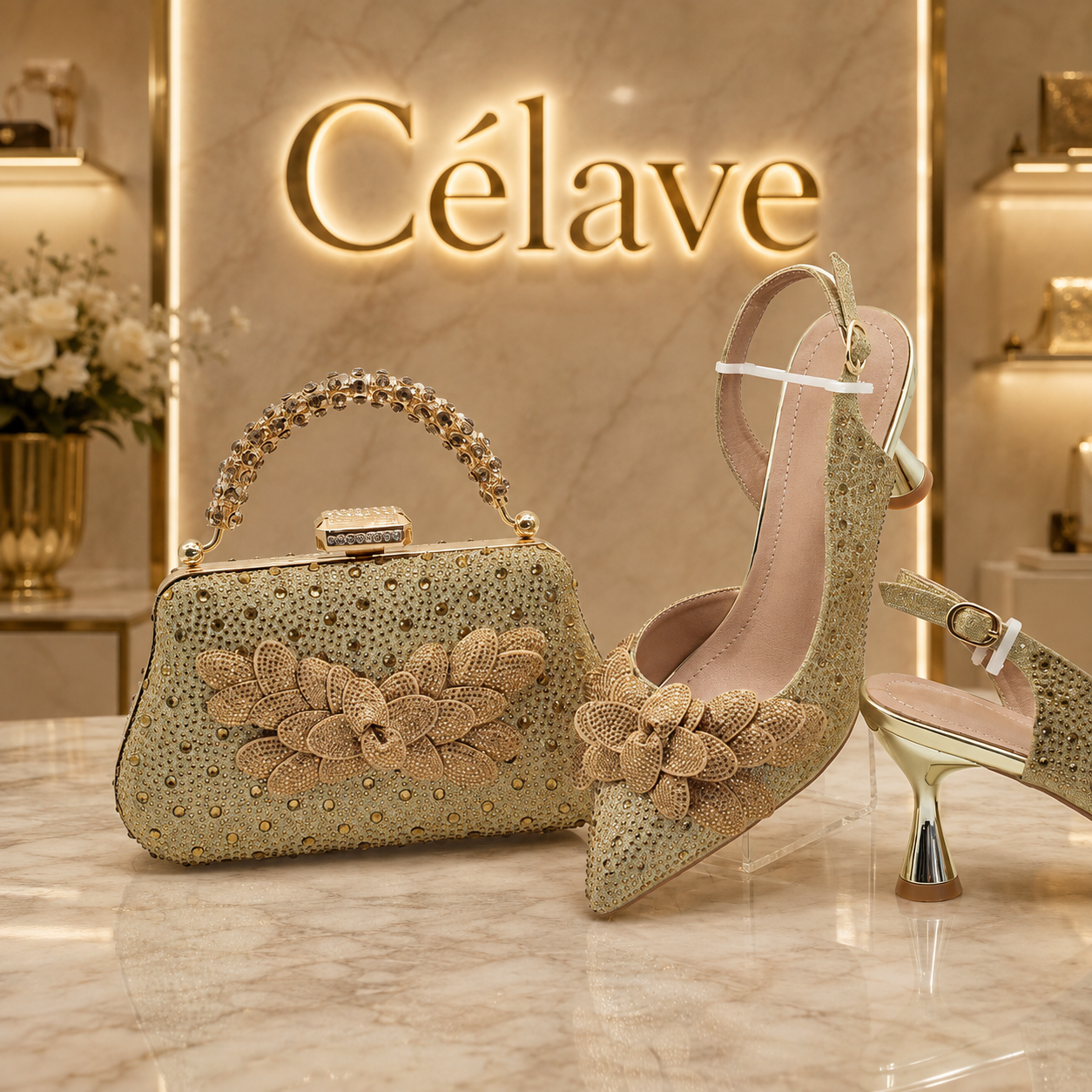 صنادل بكعب متوسط من حجر الراين على الطراز النيجيري للنساء مجموعة أحذية وحقائب لحفلات الزفاف مع حجر الراين