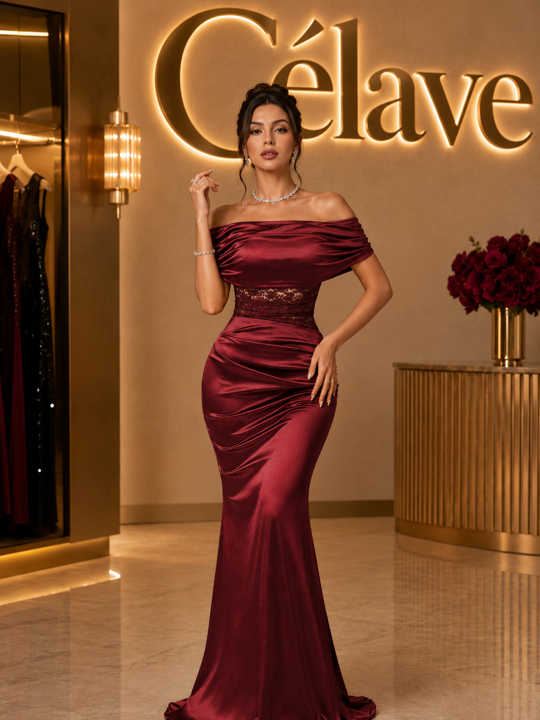 فستان سهرة أنيق للنساء بأكتاف مكشوفة وتصميم من الدانتيل، فستان سهرة رسمي للنساء (تطريز ثقيل)