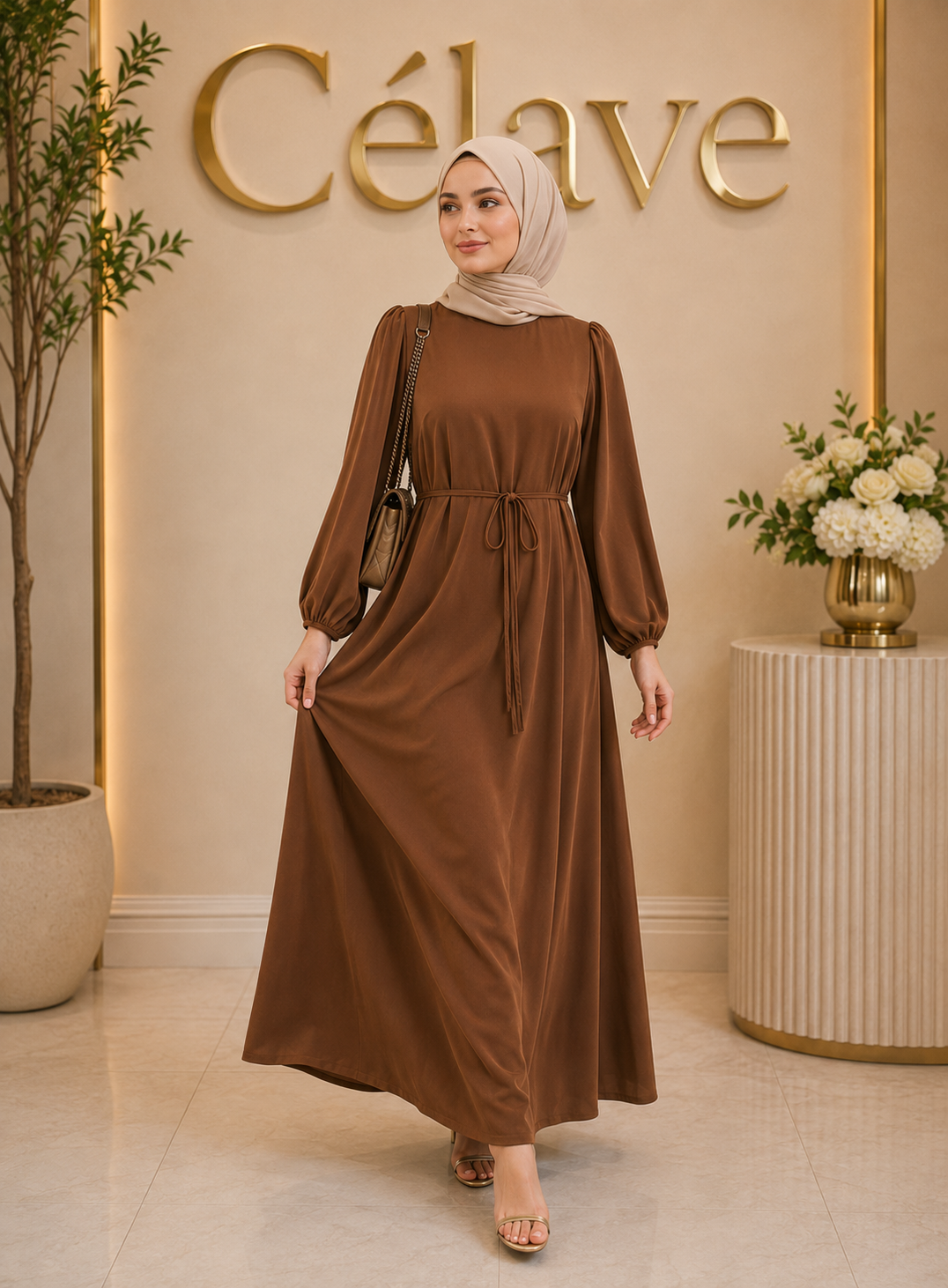 فستان طويل بتصميم عربي بني اللون للنساء، بتصميم رقبة دائرية وأكمام طويلة، من قماش منسوج سائل بطول كامل، مناسب للربيع