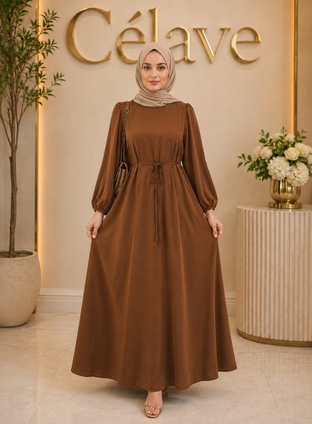 فستان طويل بتصميم عربي بني اللون للنساء، بتصميم رقبة دائرية وأكمام طويلة، من قماش منسوج سائل بطول كامل، مناسب للربيع