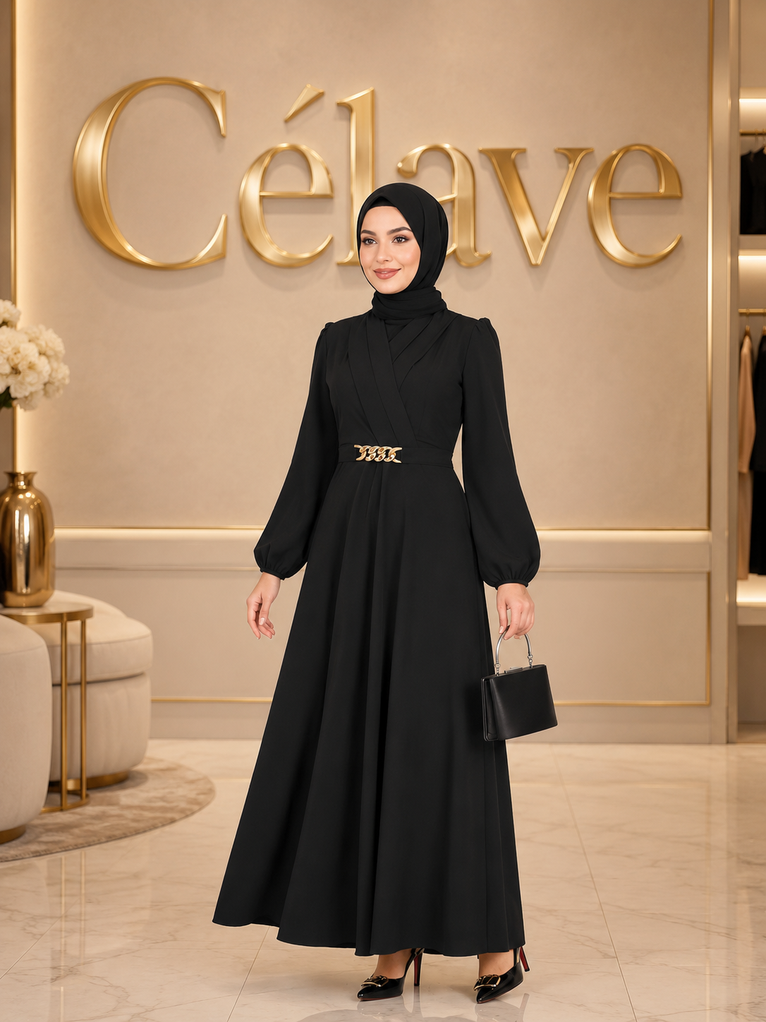 فستان أنيق للنساء بأكمام طويلة وياقة مستديرة وأكمام بيشوب على الطراز العربي مع تفاصيل ملفوفة وسحاب، للربيع