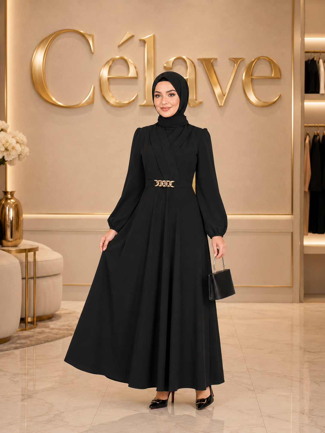 فستان أنيق للنساء بأكمام طويلة وياقة مستديرة وأكمام بيشوب على الطراز العربي مع تفاصيل ملفوفة وسحاب، للربيع