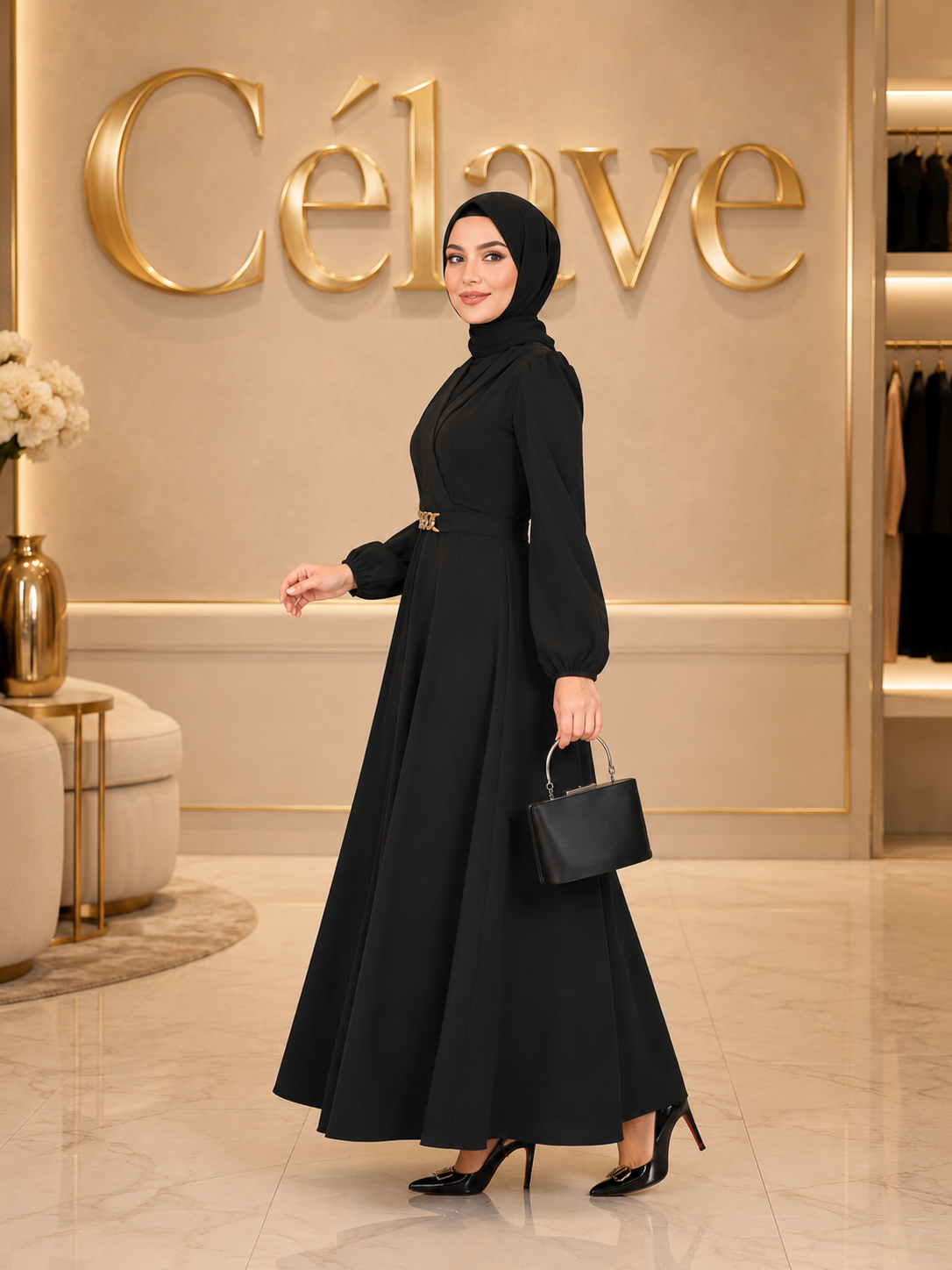 فستان أنيق للنساء بأكمام طويلة وياقة مستديرة وأكمام بيشوب على الطراز العربي مع تفاصيل ملفوفة وسحاب، للربيع