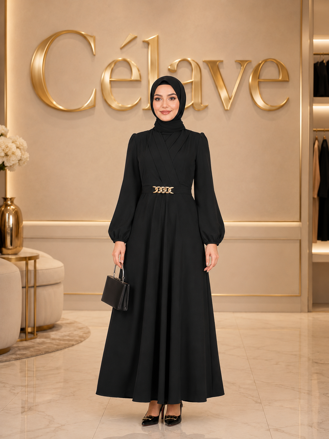 فستان أنيق للنساء بأكمام طويلة وياقة مستديرة وأكمام بيشوب على الطراز العربي مع تفاصيل ملفوفة وسحاب، للربيع