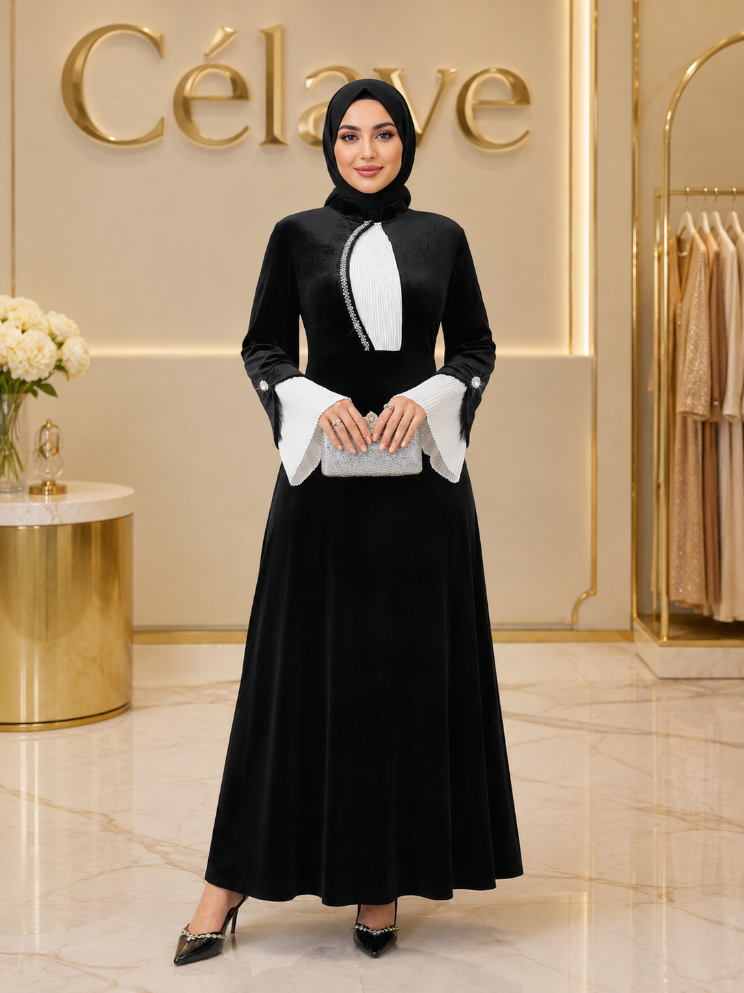 فستان أنيق للنساء بأكمام واسعة وتصميم ملون مزين بالراين على الطراز العربي