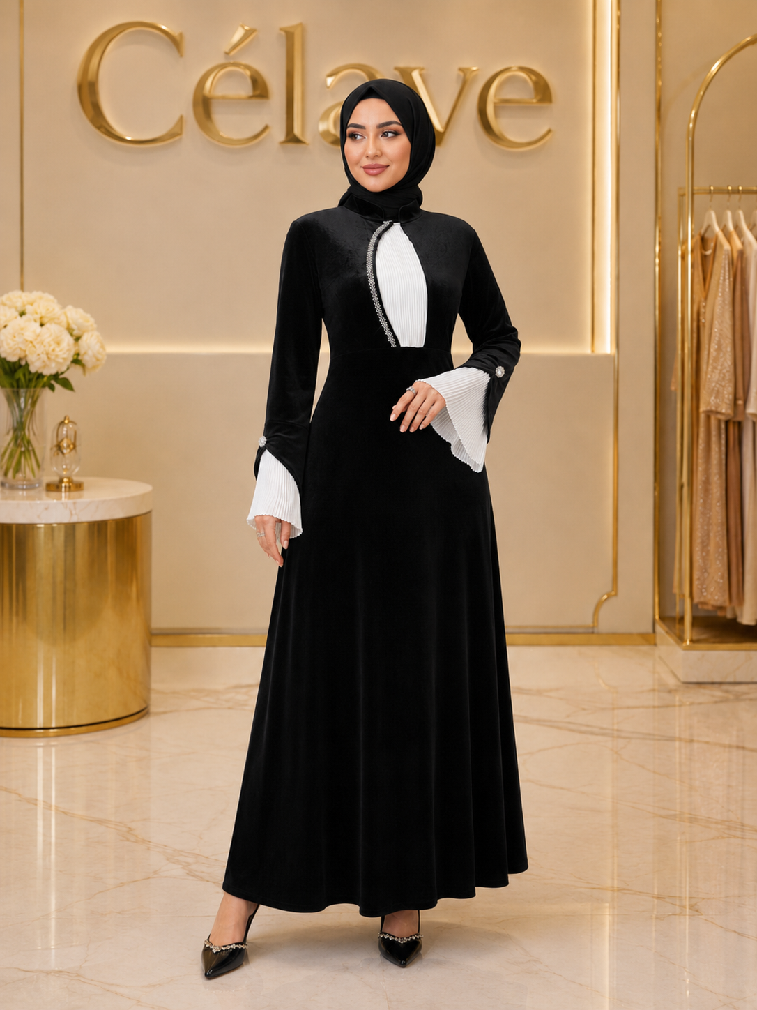 فستان أنيق للنساء بأكمام واسعة وتصميم ملون مزين بالراين على الطراز العربي
