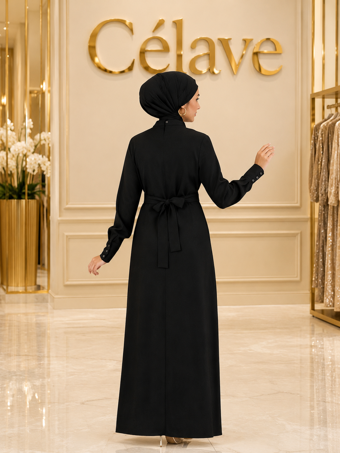 فستان ماكسي برقبة عالية ولوحة مطوية مع حافة دانتيل فستان طويل محتشم بحزام وأكمام طويلة أنيق بطول كامل للنساء
