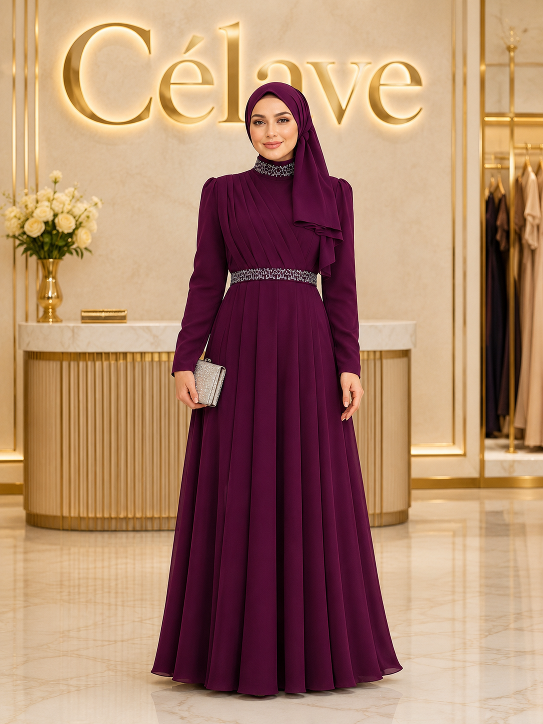 فستان رسمي أنيق طويل، بأكمام طويلة مطوية ضيقة على الجسم، تصميم مرصع بالراين على الياقة والحزام، بطول الأرض