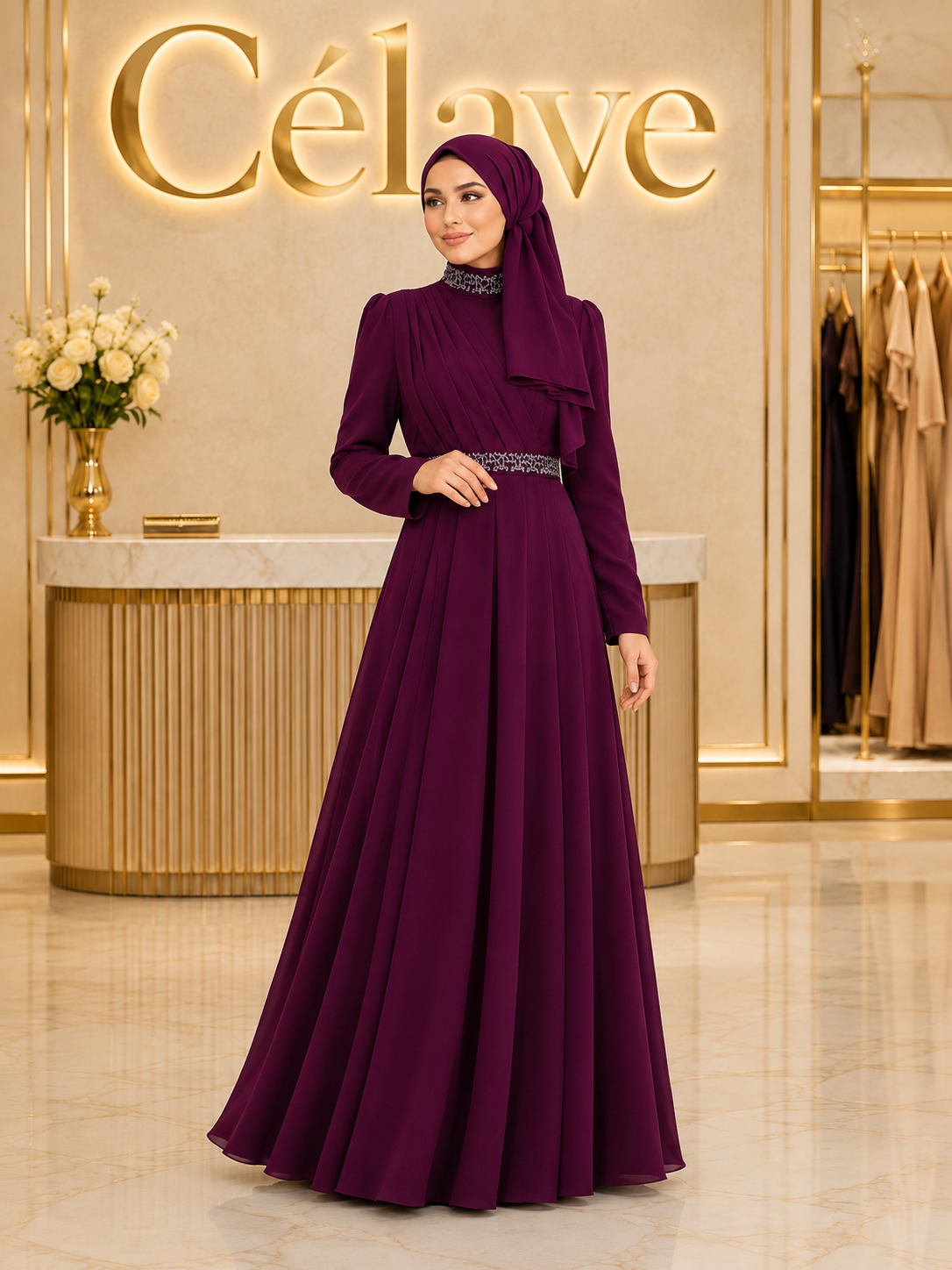 فستان رسمي أنيق طويل، بأكمام طويلة مطوية ضيقة على الجسم، تصميم مرصع بالراين على الياقة والحزام، بطول الأرض