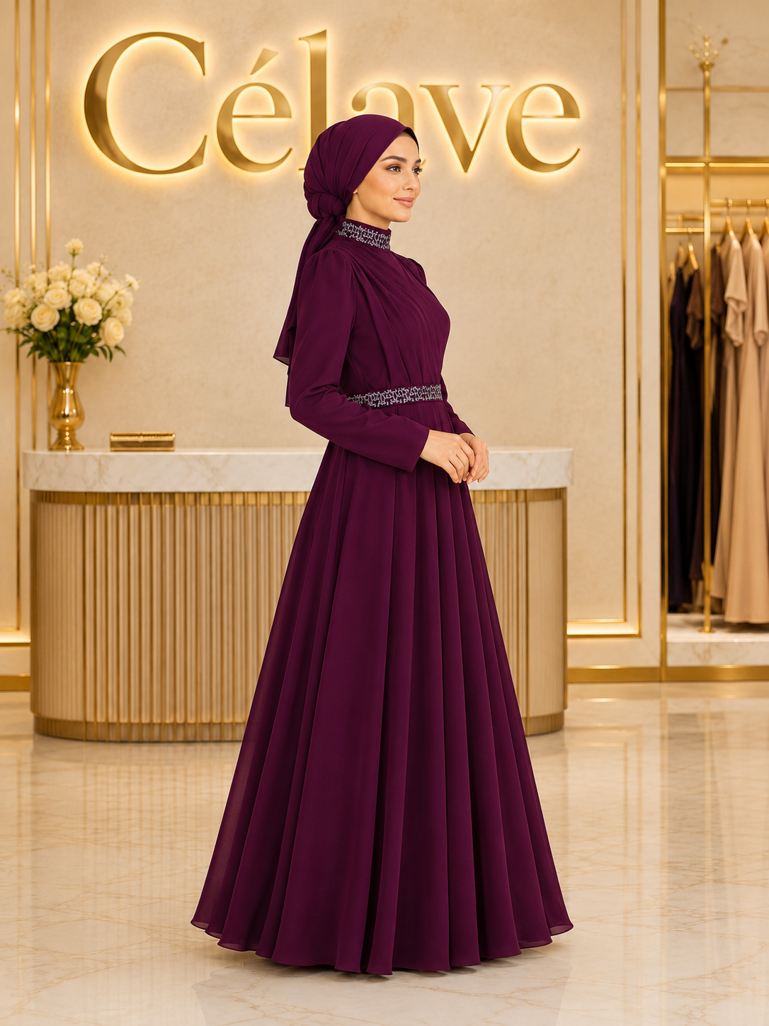 فستان رسمي أنيق طويل، بأكمام طويلة مطوية ضيقة على الجسم، تصميم مرصع بالراين على الياقة والحزام، بطول الأرض