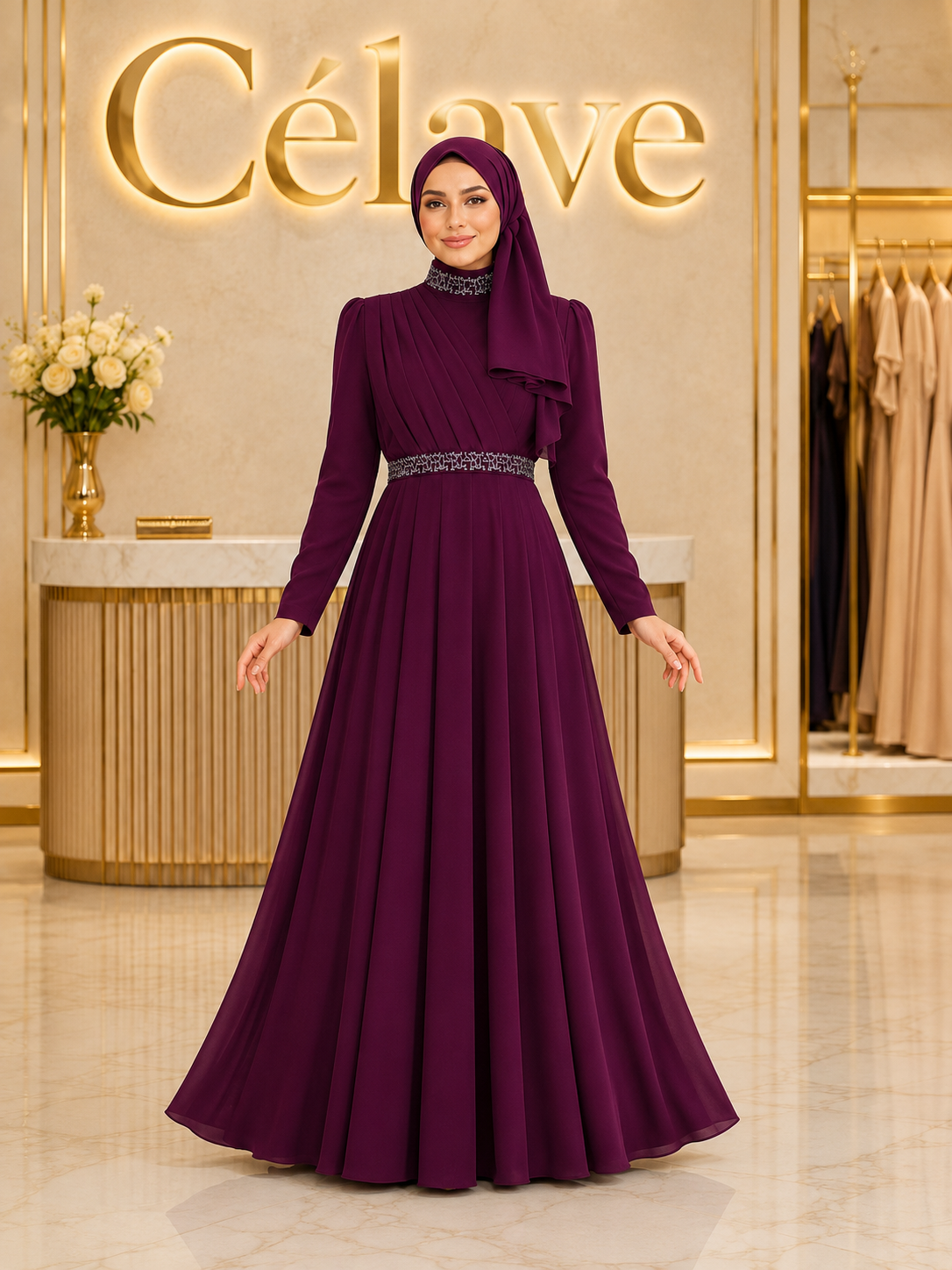 فستان رسمي أنيق طويل، بأكمام طويلة مطوية ضيقة على الجسم، تصميم مرصع بالراين على الياقة والحزام، بطول الأرض