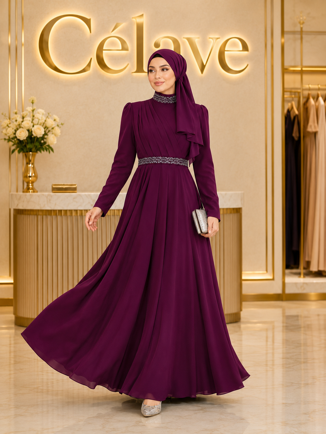 فستان رسمي أنيق طويل، بأكمام طويلة مطوية ضيقة على الجسم، تصميم مرصع بالراين على الياقة والحزام، بطول الأرض
