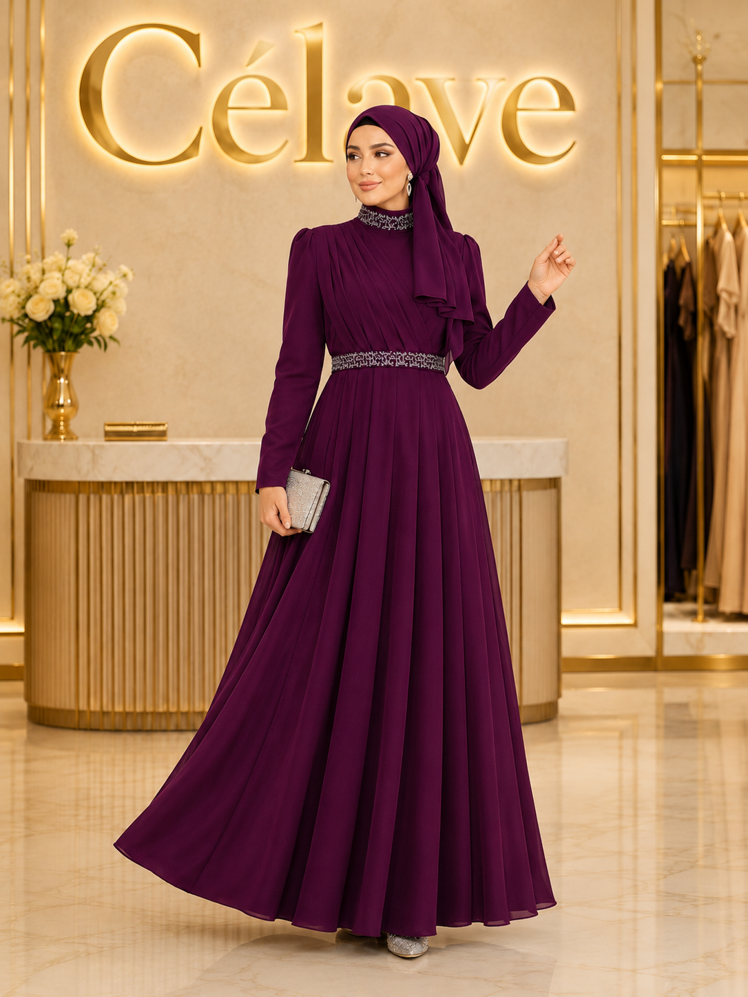 فستان رسمي أنيق طويل، بأكمام طويلة مطوية ضيقة على الجسم، تصميم مرصع بالراين على الياقة والحزام، بطول الأرض