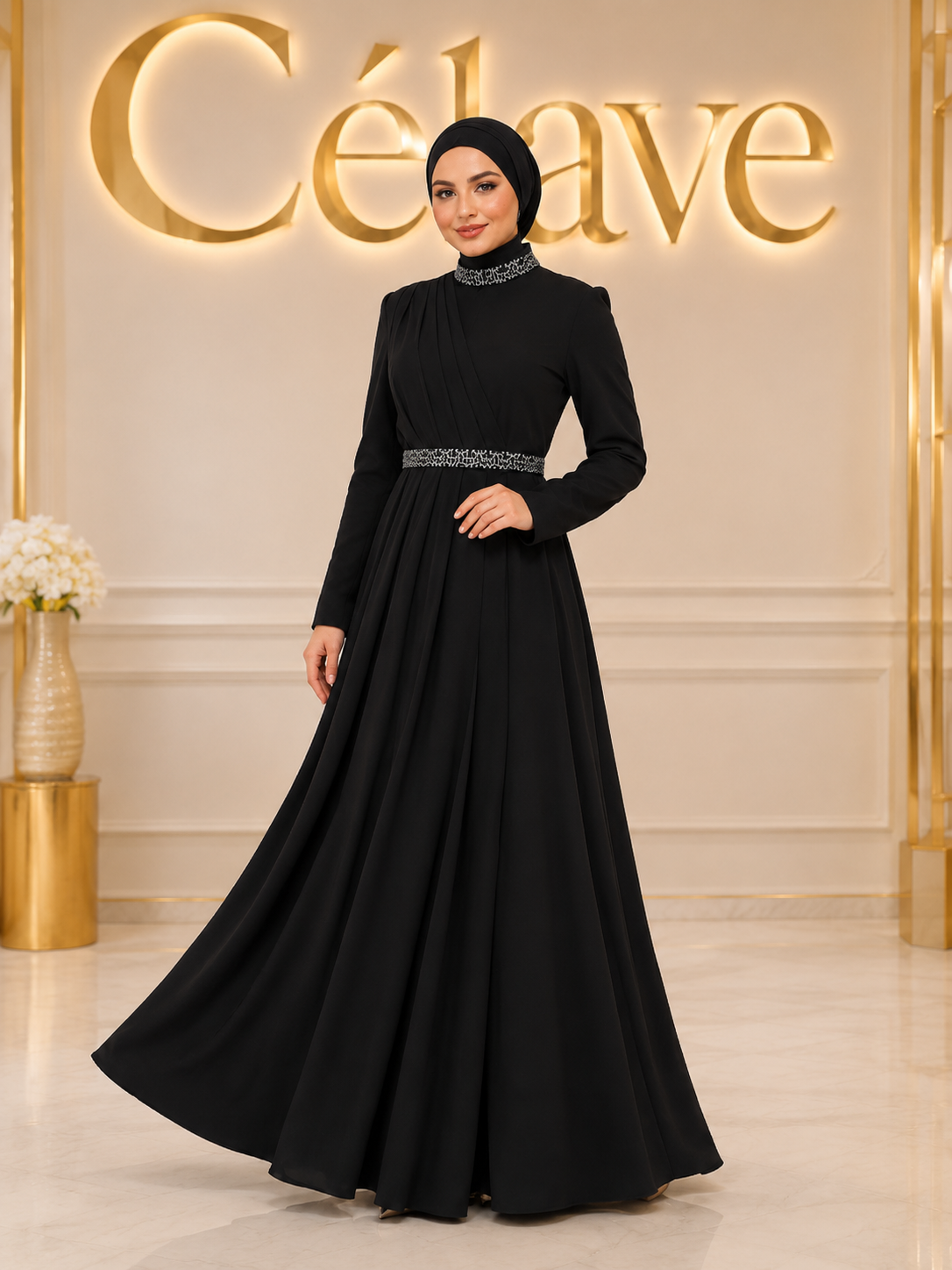 فستان رسمي أنيق طويل، بأكمام طويلة مطوية ضيقة على الجسم، تصميم مرصع بالراين على الياقة والحزام، بطول الأرض
