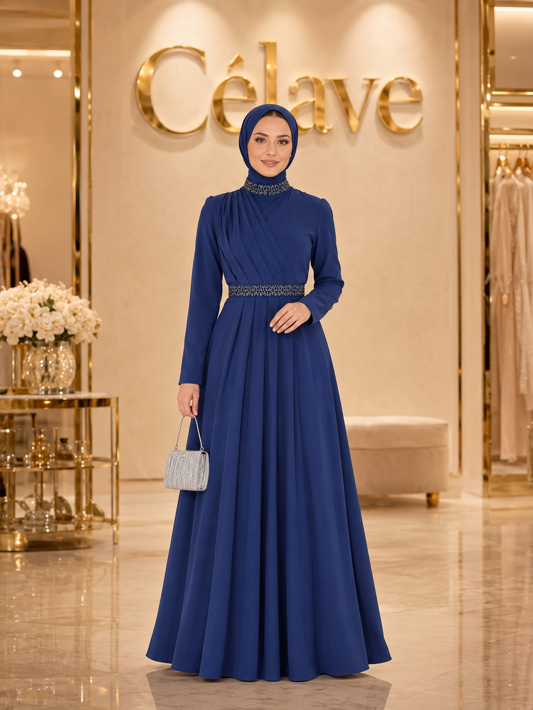 فستان رسمي أنيق طويل، بأكمام طويلة مطوية ضيقة على الجسم، تصميم مرصع بالراين على الياقة والحزام، بطول الأرض