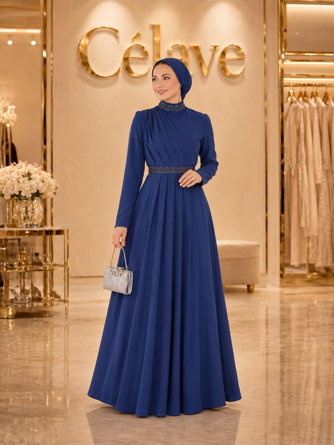 فستان رسمي أنيق طويل، بأكمام طويلة مطوية ضيقة على الجسم، تصميم مرصع بالراين على الياقة والحزام، بطول الأرض