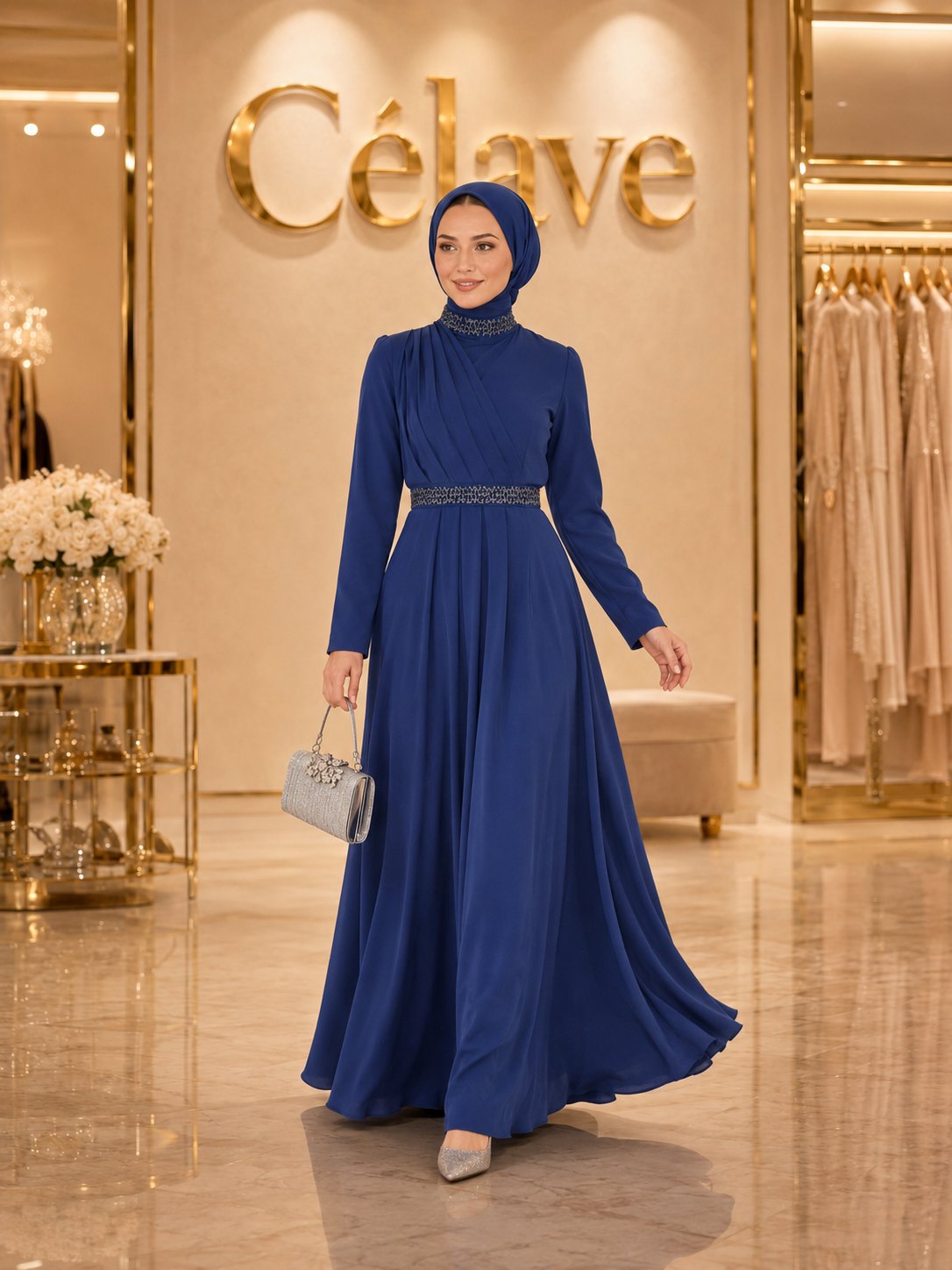فستان رسمي أنيق طويل، بأكمام طويلة مطوية ضيقة على الجسم، تصميم مرصع بالراين على الياقة والحزام، بطول الأرض