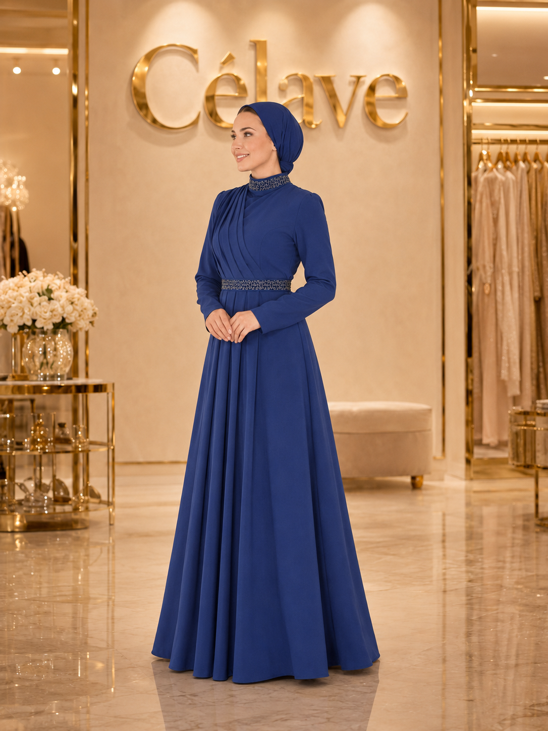 فستان رسمي أنيق طويل، بأكمام طويلة مطوية ضيقة على الجسم، تصميم مرصع بالراين على الياقة والحزام، بطول الأرض