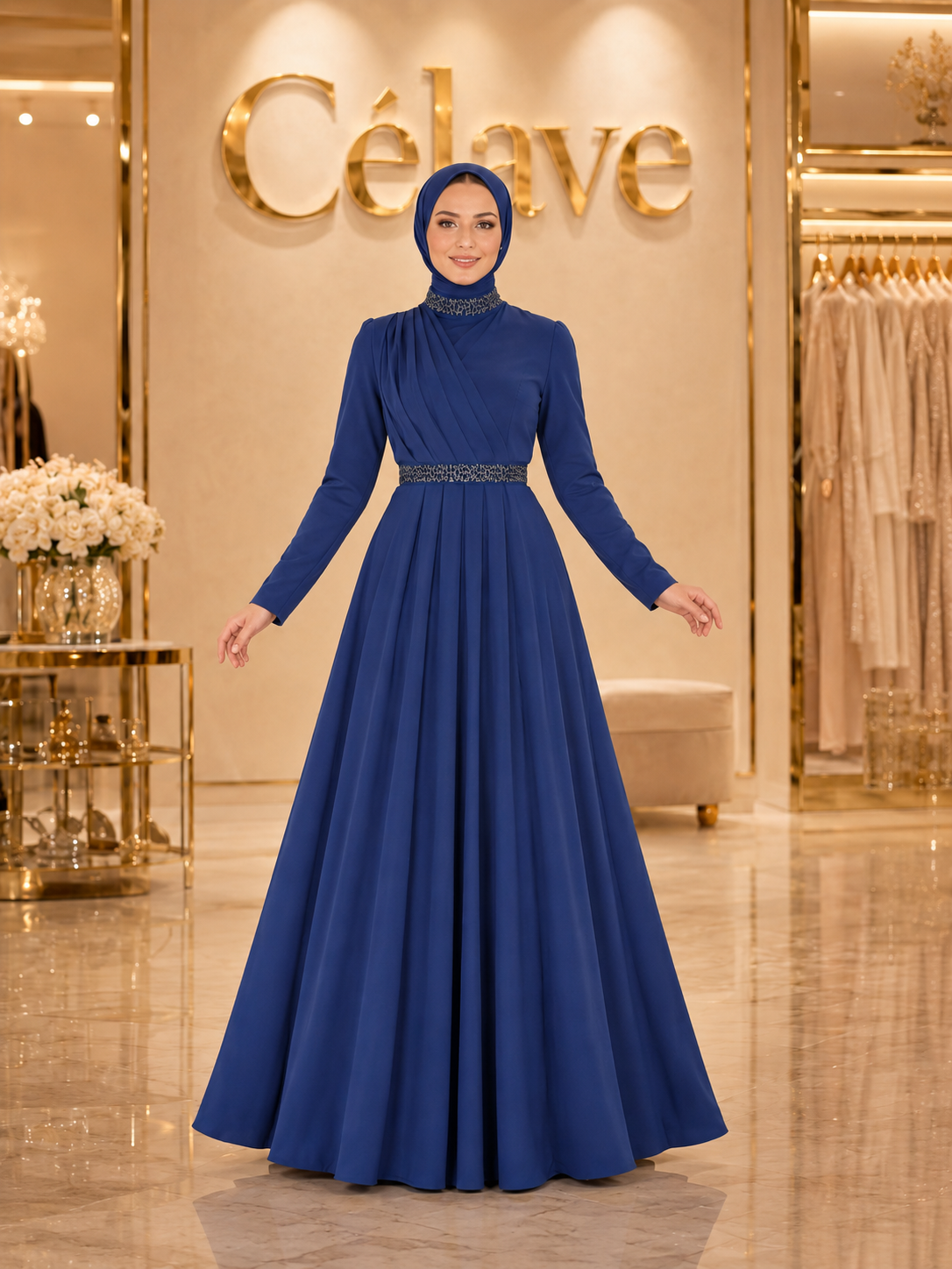فستان رسمي أنيق طويل، بأكمام طويلة مطوية ضيقة على الجسم، تصميم مرصع بالراين على الياقة والحزام، بطول الأرض
