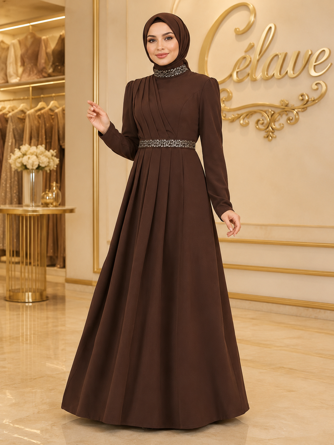 فستان رسمي أنيق طويل، بأكمام طويلة مطوية ضيقة على الجسم، تصميم مرصع بالراين على الياقة والحزام، بطول الأرض