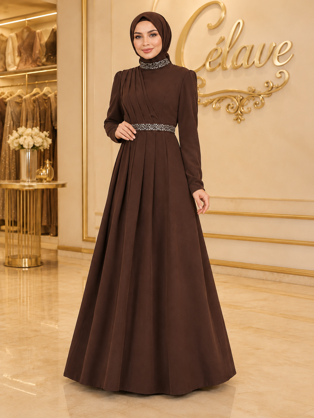 فستان رسمي أنيق طويل، بأكمام طويلة مطوية ضيقة على الجسم، تصميم مرصع بالراين على الياقة والحزام، بطول الأرض