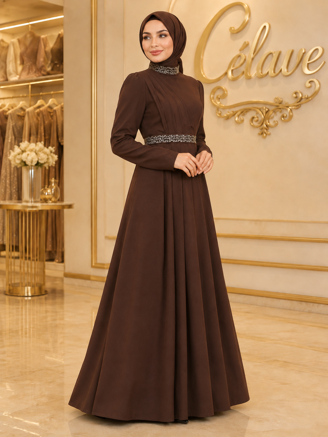 فستان رسمي أنيق طويل، بأكمام طويلة مطوية ضيقة على الجسم، تصميم مرصع بالراين على الياقة والحزام، بطول الأرض