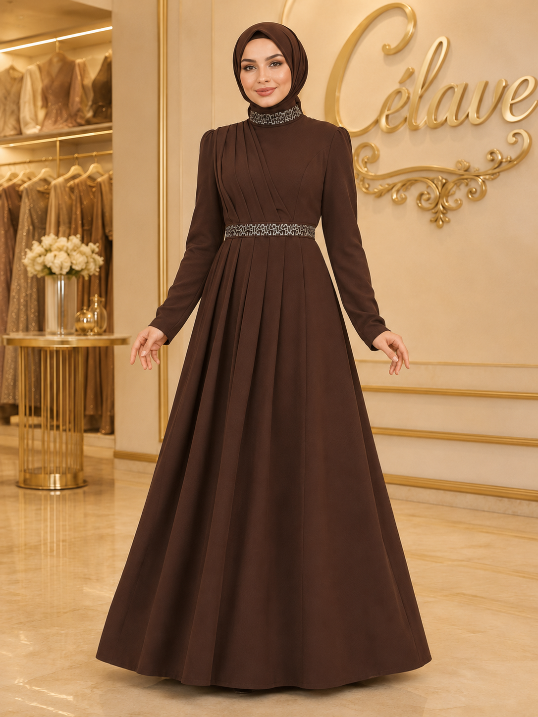 فستان رسمي أنيق طويل، بأكمام طويلة مطوية ضيقة على الجسم، تصميم مرصع بالراين على الياقة والحزام، بطول الأرض