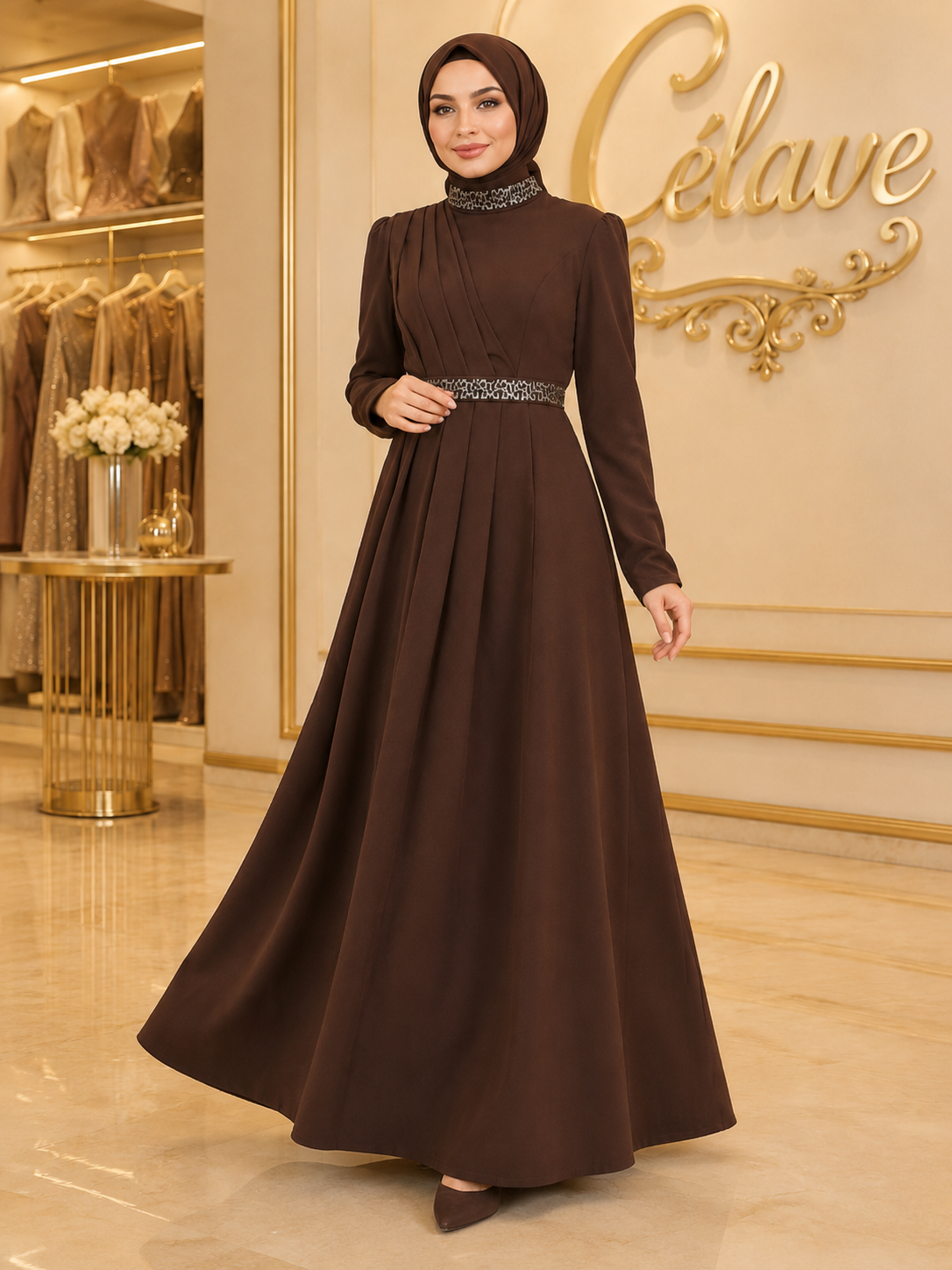 فستان رسمي أنيق طويل، بأكمام طويلة مطوية ضيقة على الجسم، تصميم مرصع بالراين على الياقة والحزام، بطول الأرض