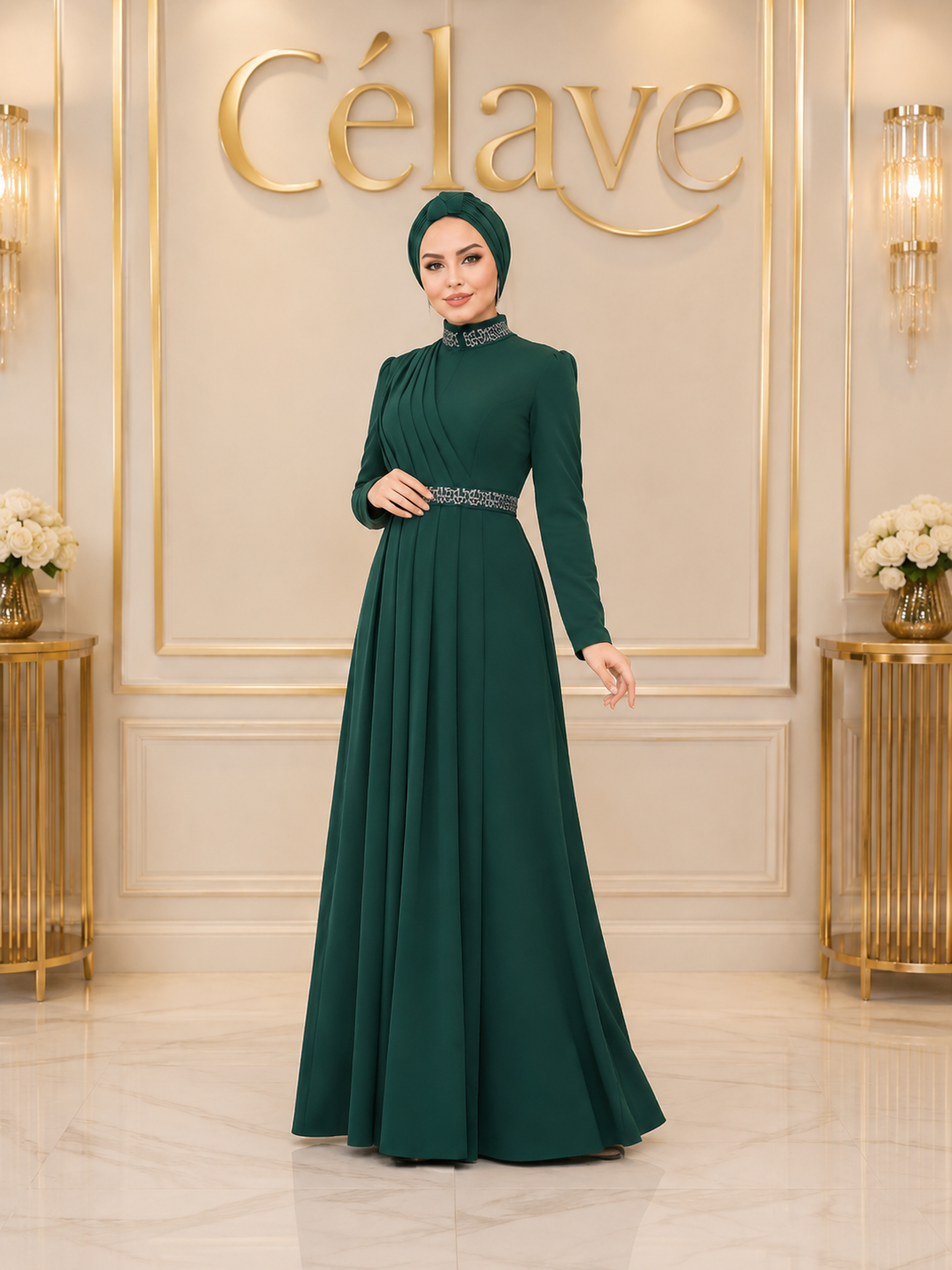 فستان رسمي أنيق طويل، بأكمام طويلة مطوية ضيقة على الجسم، تصميم مرصع بالراين على الياقة والحزام، بطول الأرض