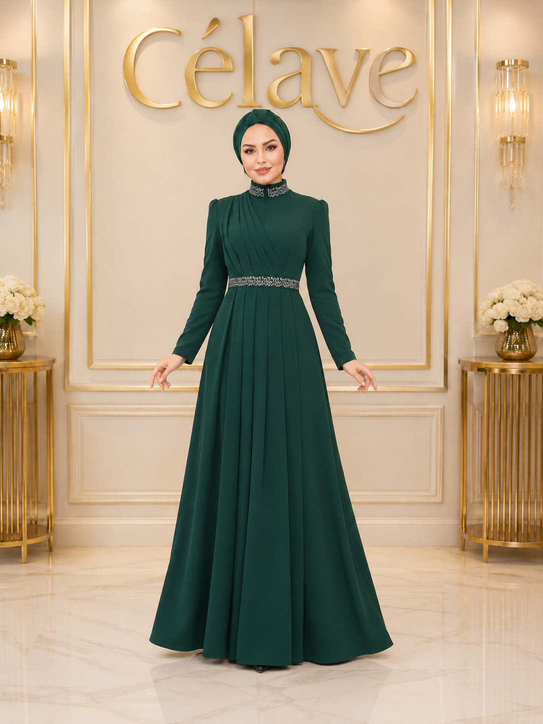 فستان رسمي أنيق طويل، بأكمام طويلة مطوية ضيقة على الجسم، تصميم مرصع بالراين على الياقة والحزام، بطول الأرض