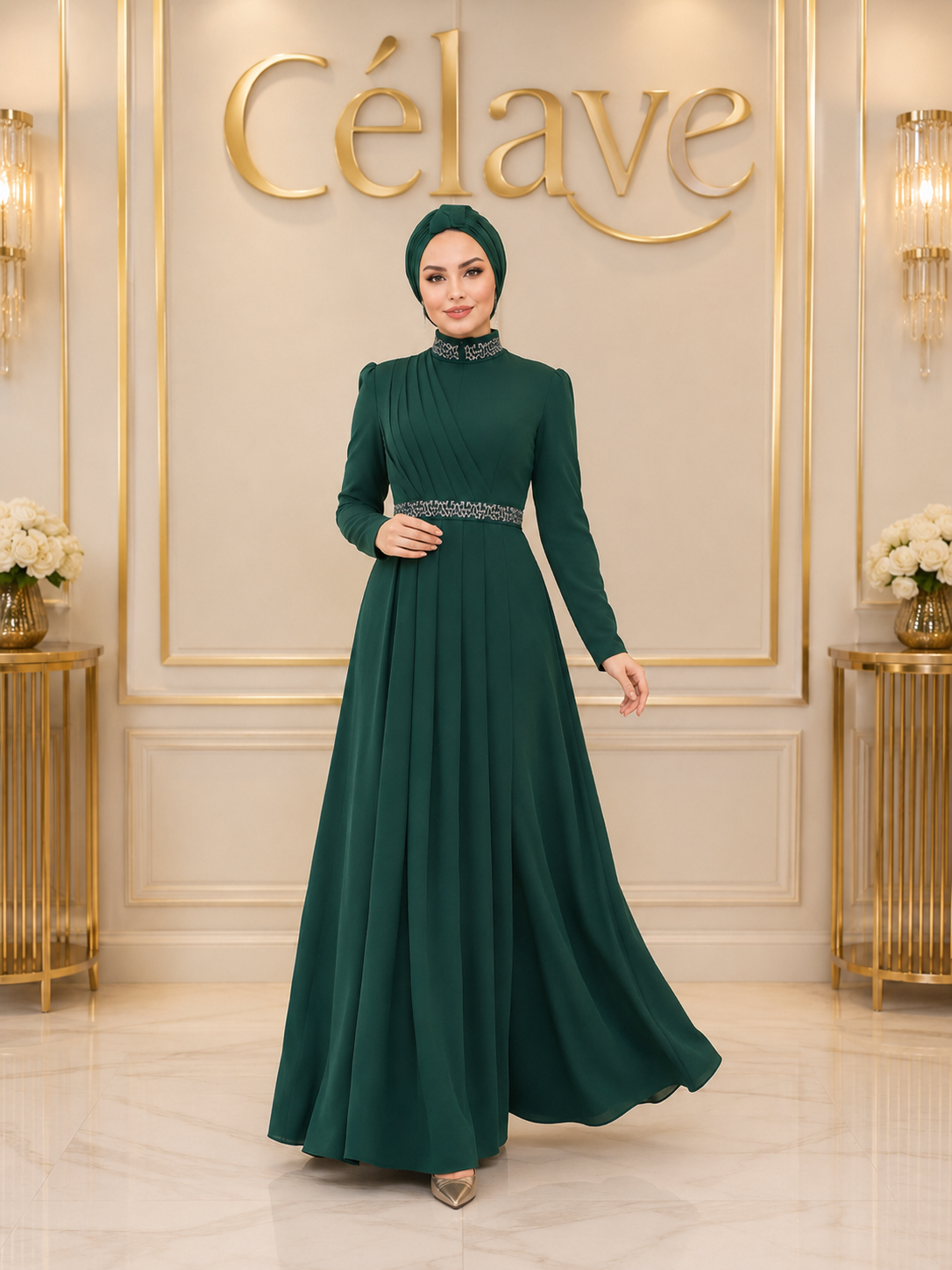 فستان رسمي أنيق طويل، بأكمام طويلة مطوية ضيقة على الجسم، تصميم مرصع بالراين على الياقة والحزام، بطول الأرض