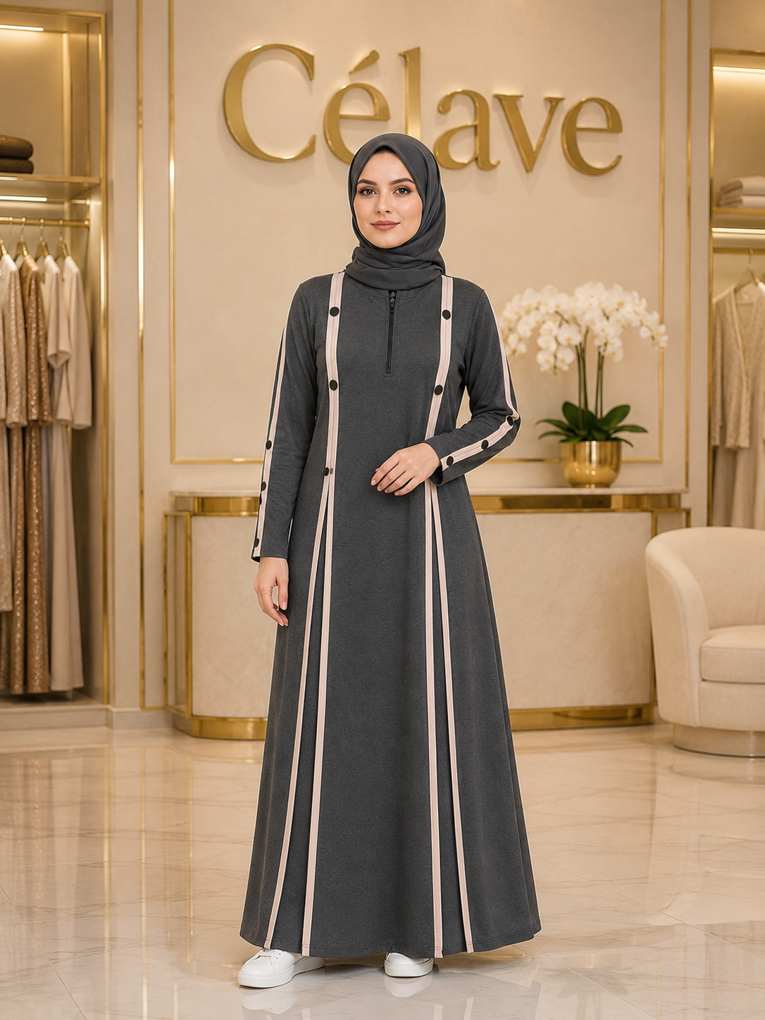 عباية أنيقةمع خطوط بيج متباينة، فستان ماكسي إسلامي بأكمام طويلة وتفاصيل أزرار متعددة الطبقات