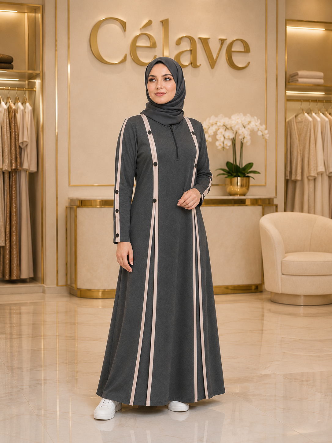 عباية أنيقةمع خطوط بيج متباينة، فستان ماكسي إسلامي بأكمام طويلة وتفاصيل أزرار متعددة الطبقات